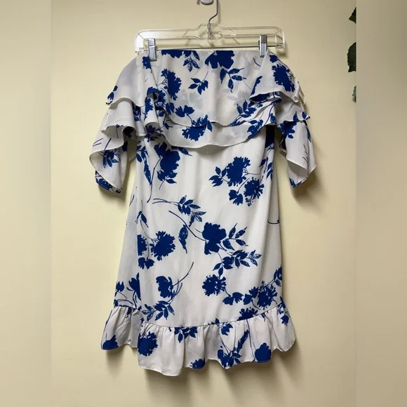 Lulus TALIA Blue & White Floral Off Shoulder Mini Dress - Large - Picture 6 of 12
